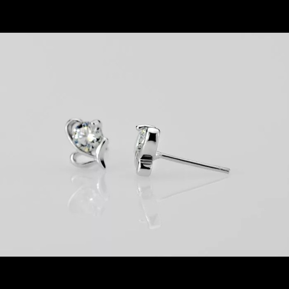 Sterling Silver Heart Diamond Stud Earrings - Picture 5 of 5
